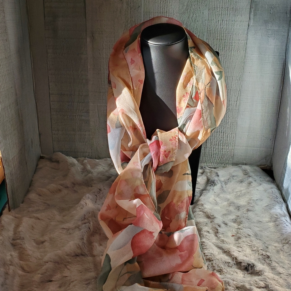 Basha Sheer Peach Pink Green Floral Polyester Rectangle Scarf Italy 58"X 14"